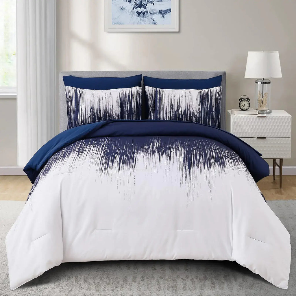 Dinjoy Ombre Blue Comforter Set Queen Size Gradient Navy Blue White Boho Bedding Set for Teen Men Women 7 Pieces Bed in A Bag Bohemian Bed Set with Comforter Sheets Pillowcases & Shams - Sleep Haven Linens