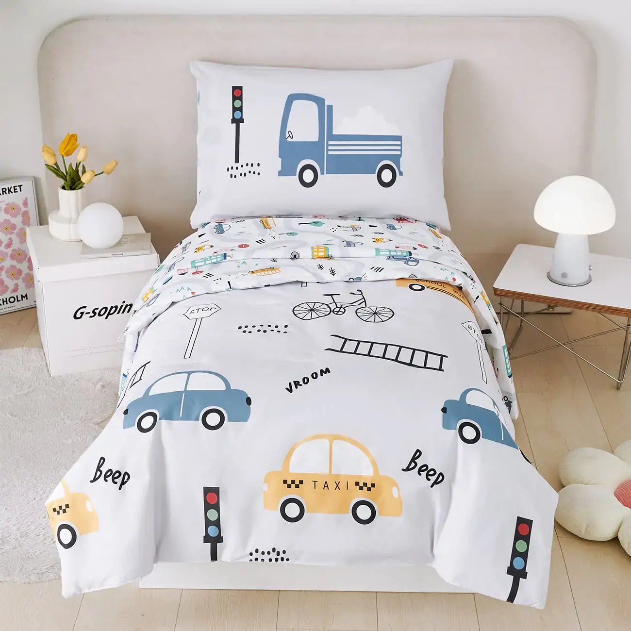 PERFEMET 4 Pcs Toddler Bedding Set Cartoon Cars Printed Toddler Bed in A Bag Soft Reversible Cars Bus Trucks Print Toddler Bed Set for Boys Girls Matching Sheet Set(Light Grey Taxis/Bus/Trucks) - Sleep Haven Linens