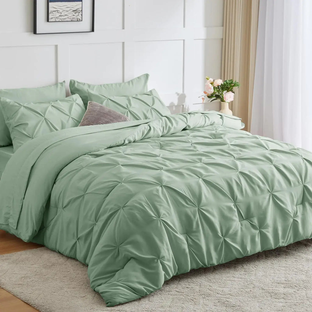 HIMEET- Sage Green King Comforter Set 7 Pieces Sage Comforter (102"x90") Pintuck Design Sage Green Bedding Pinch Pleated Light Green Bed in Bag King Size Complete Bed Set with SheetsPillowcases&Shams - Sleep Haven Linens