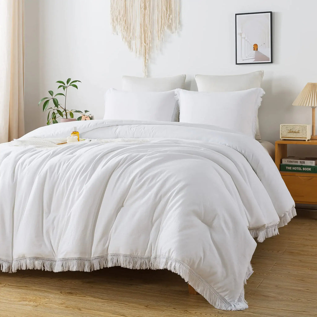 Andency White Comforter Set Full 3 Pieces Boho Lightweight Bedding Comforters & Sets All Season Soft Fluffy Tassel Bed Set (79x90In Comforter & 2 Pillowcases) - Sleep Haven Linens