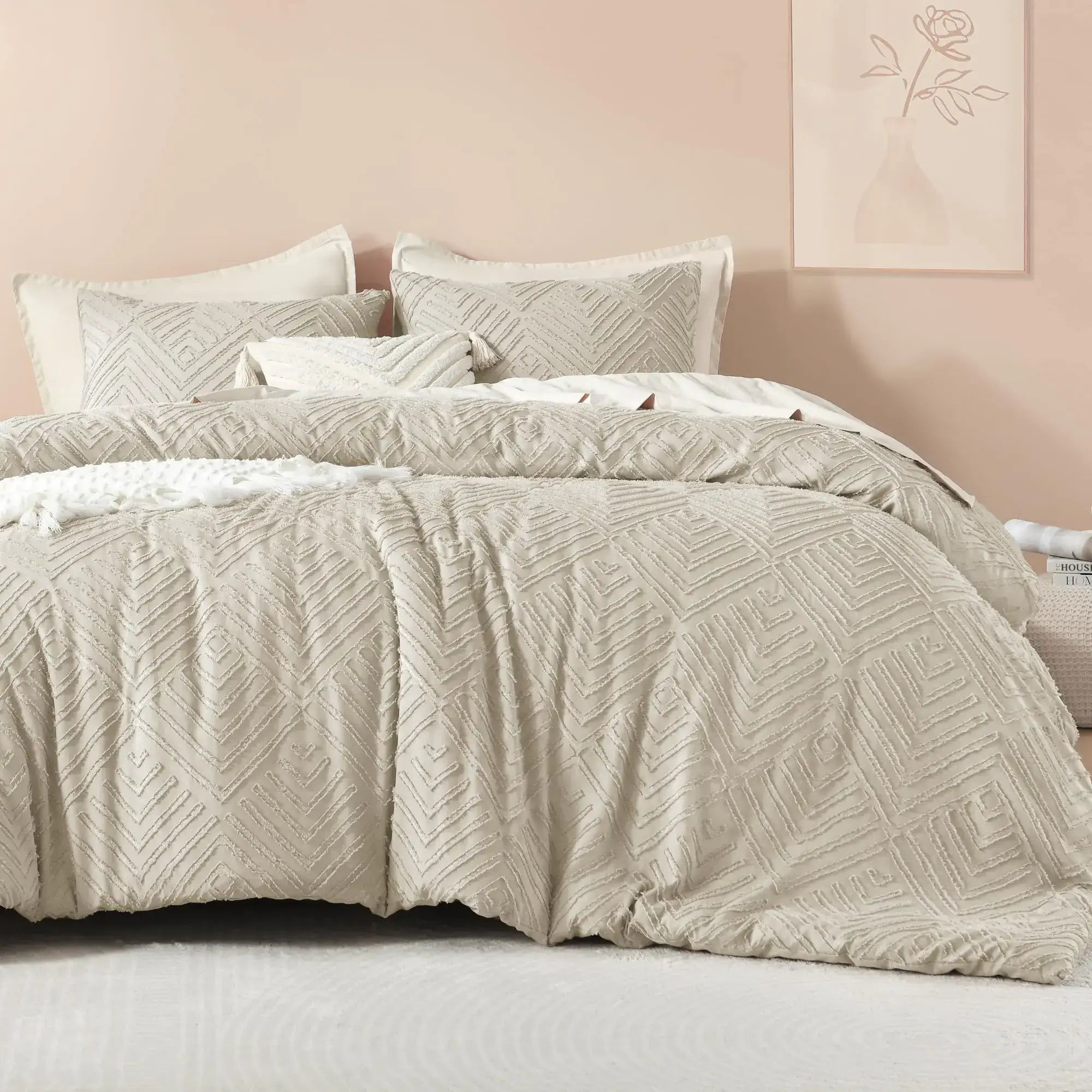 Litanika Oatmeal Queen Comforter Set 3 Pieces Tufted Boho Farmhouse Bedding Comforter Sets Lightweight Fluffy Comforter Bed Set for All Season (90x90In Comforter and 2 Pillowcases) - Sleep Haven Linens