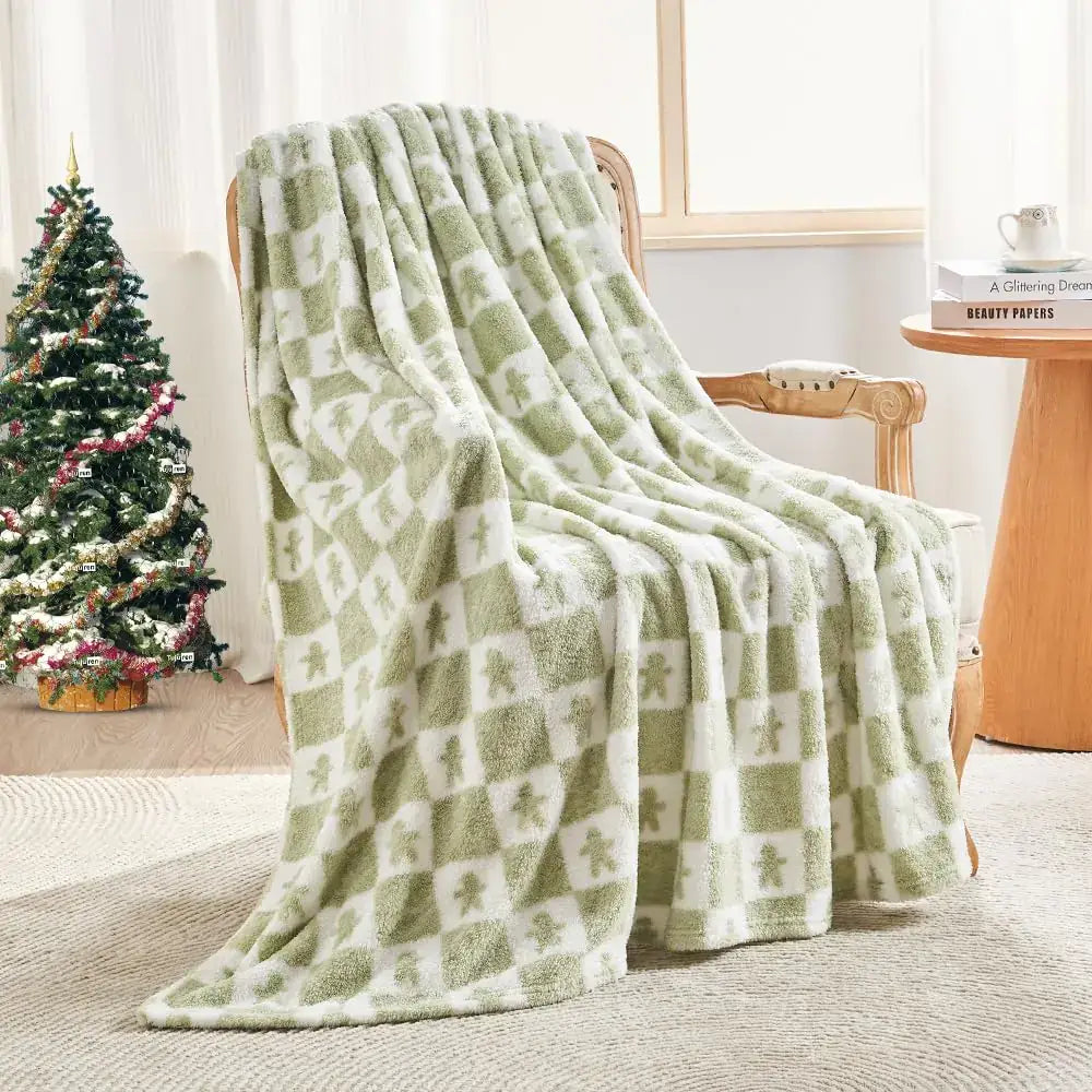 EMME Checkered Throw Blanket Cozy Fluffy Knit Throw Blankets - Green Super Soft Warm Throw Blankets for Couch Sofa Chair Bed Camping Picnic Travel Lightweight Bed Blanket (108" x 90") - Sleep Haven Linens