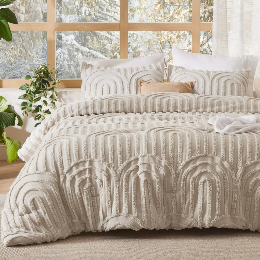 Bedsure Boho Tufted Queen Comforter Set - Beige Boho Bedding Comforter Sets 3 Pieces Farmhouse Shabby Chic Embroidery Bed Set Soft Fluffy Cozy Arch Pattern Comforter for All Seasons - Sleep Haven Linens