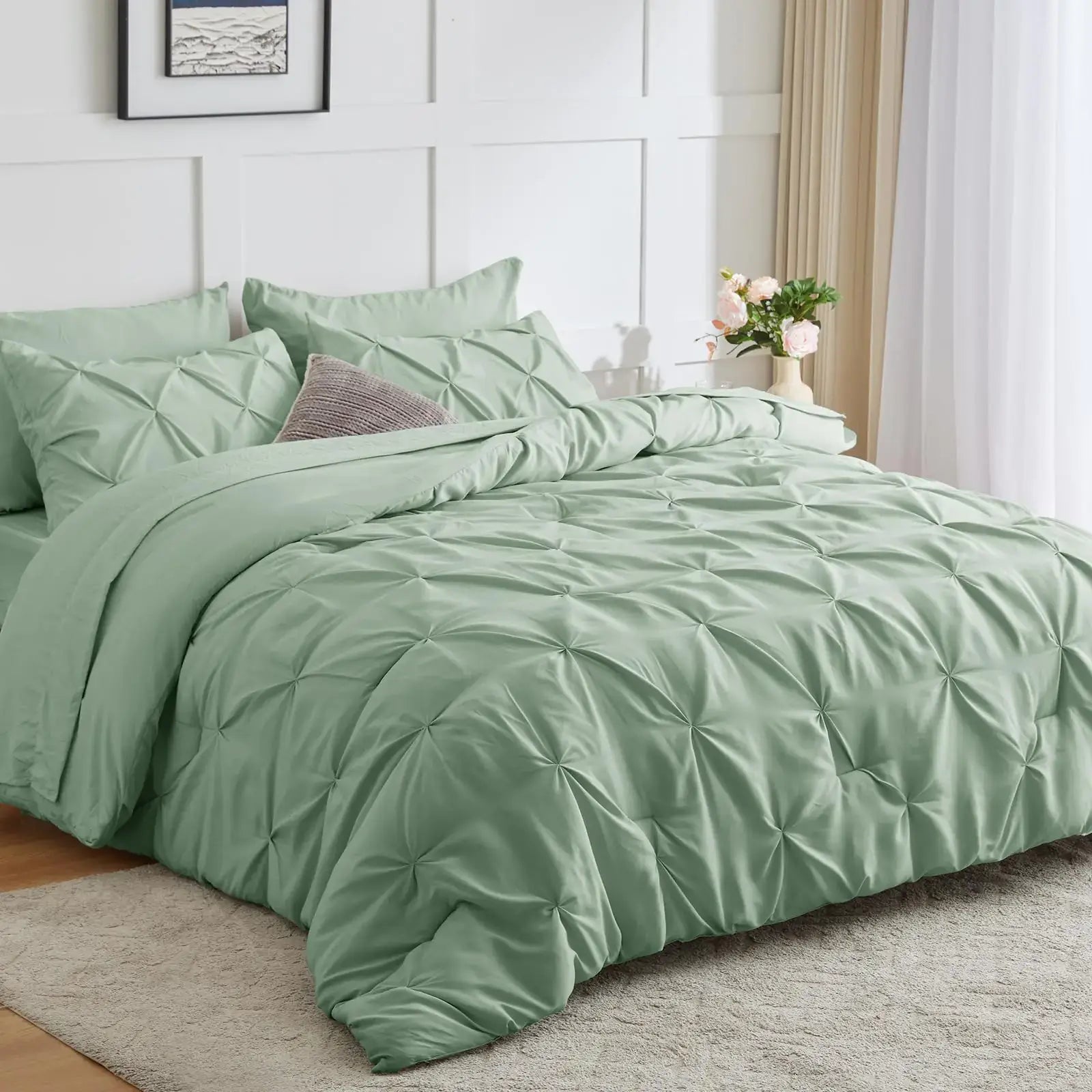 HIMEET- Sage Green King Comforter Set 7 Pieces Sage Comforter (102"x90") Pintuck Design Sage Green Bedding Pinch Pleated Light Green Bed in Bag King Size Complete Bed Set with SheetsPillowcases&Shams - Sleep Haven Linens