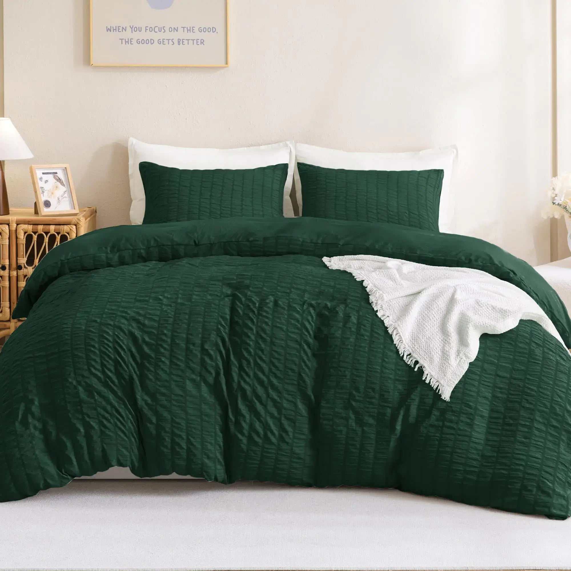 Litanika Dark Emerald Green King Comforter Set 3 Pieces Boho Vintage Seersucker Forest Bedding Set All Season Fluffy Bed Set (104x90In Comforter & 2 Pillowcases) - Sleep Haven Linens