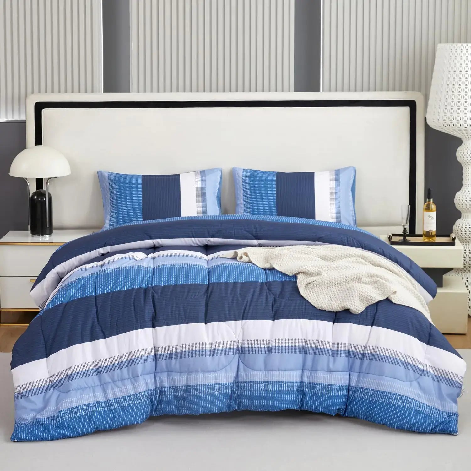 PERFEMET Navy Blue Full Comforter Set Striped Full Size Bedding Sets Blue White Colorblock Fluffy Bed Set 3 Pieces 1 Stripe Comforter and 2 Pillowcases (Navy Blue Full) - Sleep Haven Linens